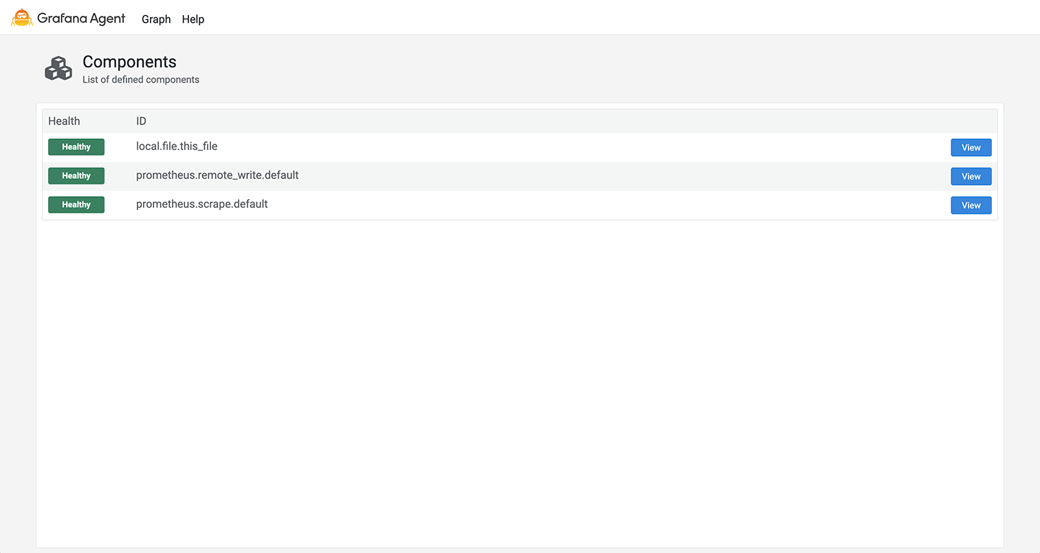 The Agent UI home page showing a table of components.