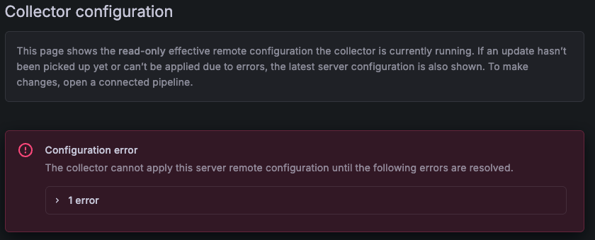 Red banner titled &ldquo;Configuration error&rdquo; with a dropdown error to see specific errors