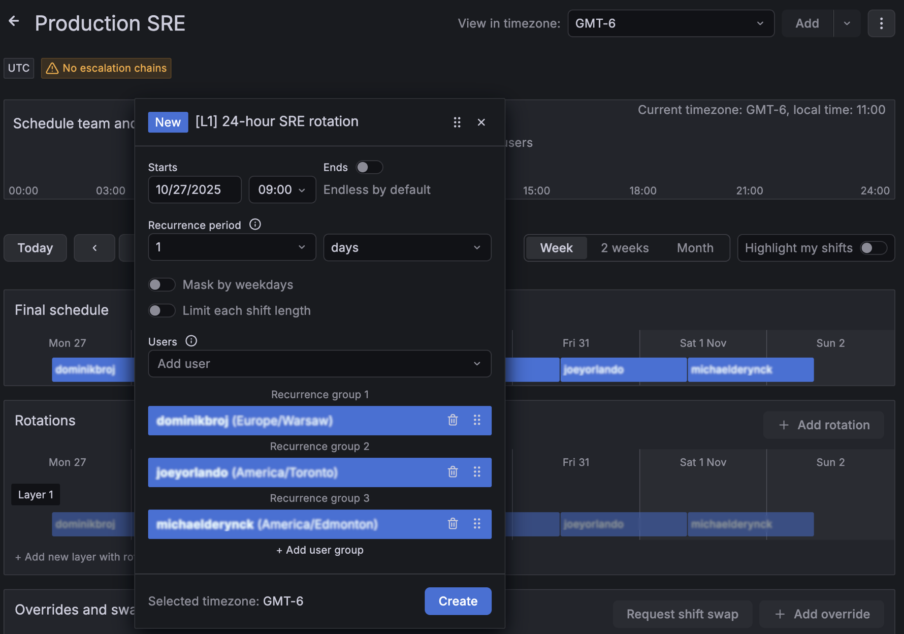 On-call schedule creation screen with three users rotating daily between a 24-hour shift