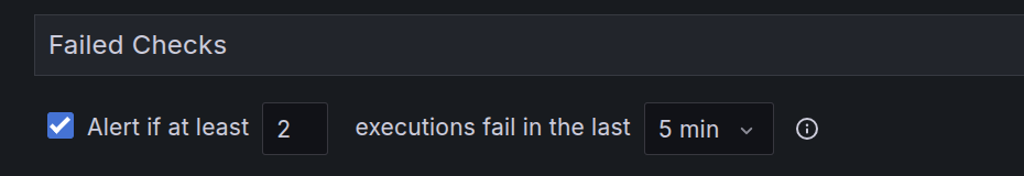 The failed checks alert configuration in the Grafana Cloud Synthetic Monitoring application, showing the option to alert if at least 2 executions fail in the last 5 minutes