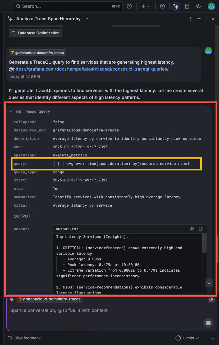 Expanded run Tempo query section shows the TraceQL query