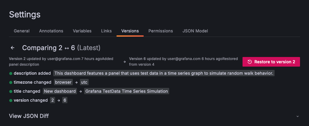 Dashboards versions diff