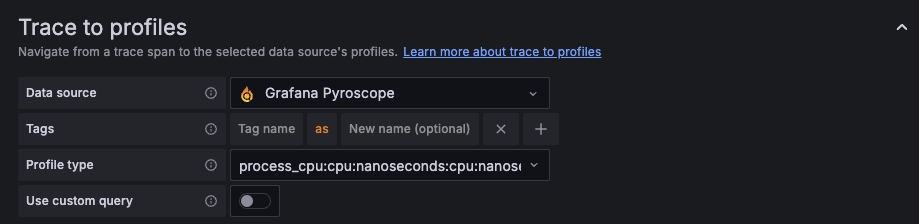 Traces to profiles section in the Tempo data source