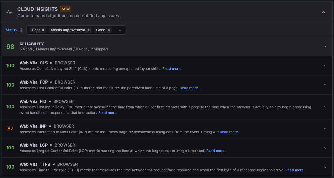 Cloud Insights assesses Web Vitals compliance to identify performance issues and provide recommendations for your website