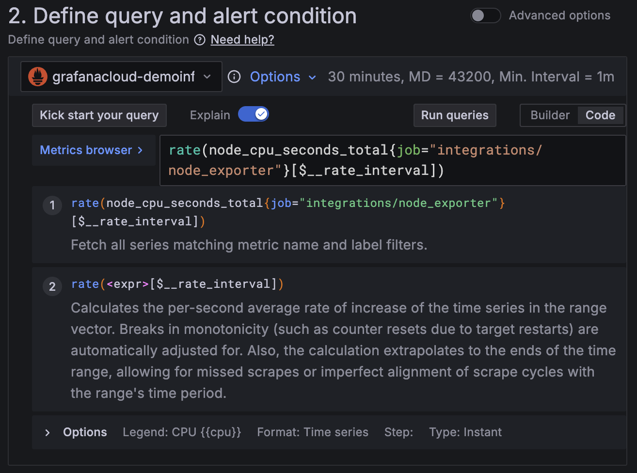 Image shows an alert rule query configuration.