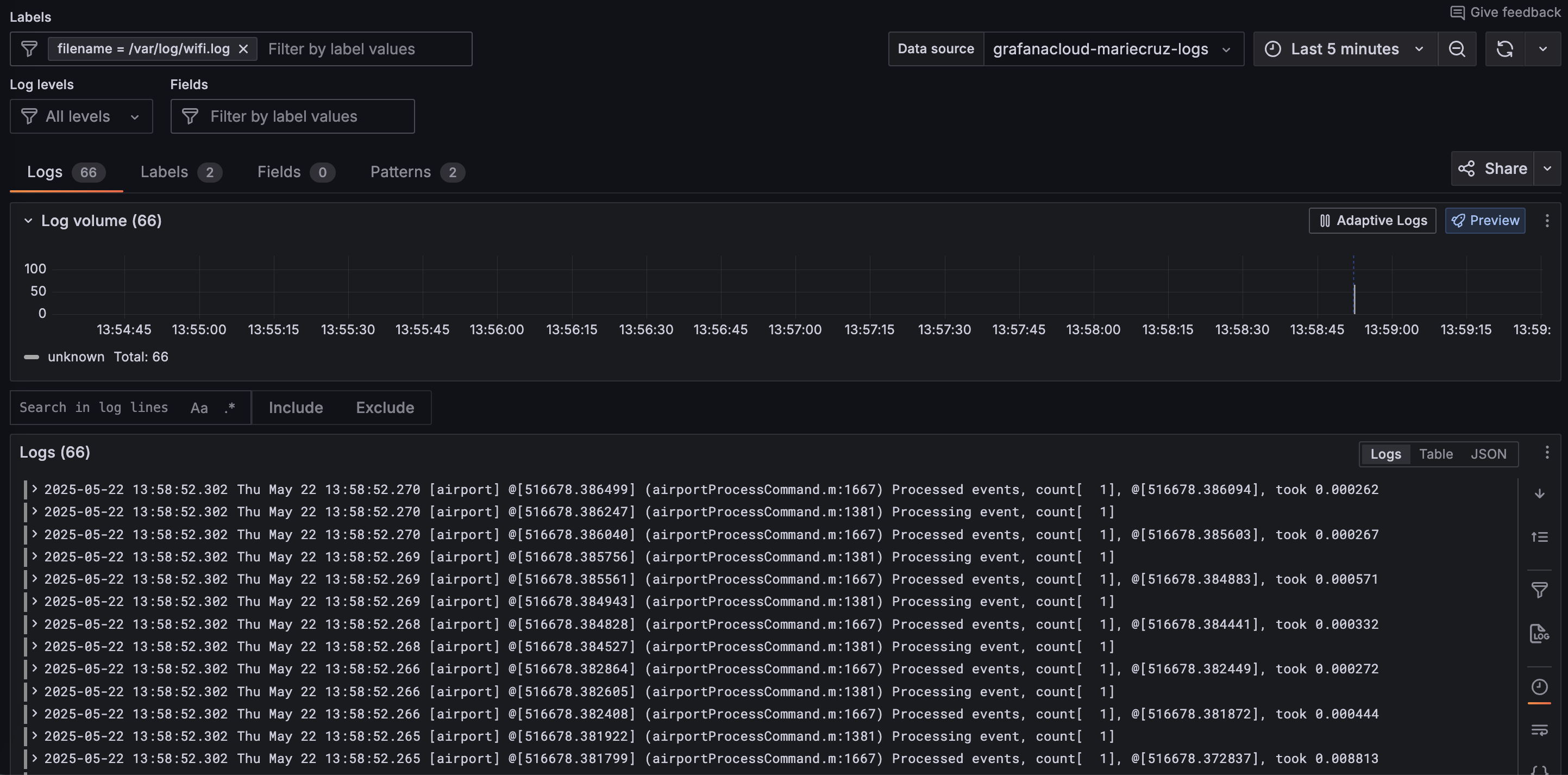 Logs Drilldown detail page for a specific file