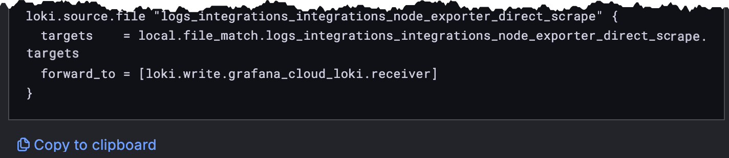 Shows the snippet to copy from Grafana Cloud to the Alloy configuration file