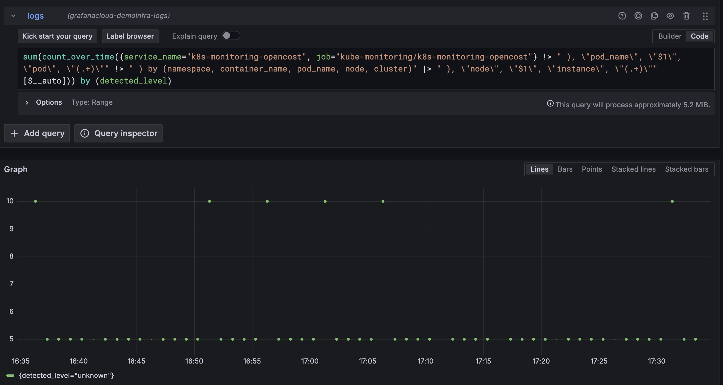Image shows log metric open in Explore