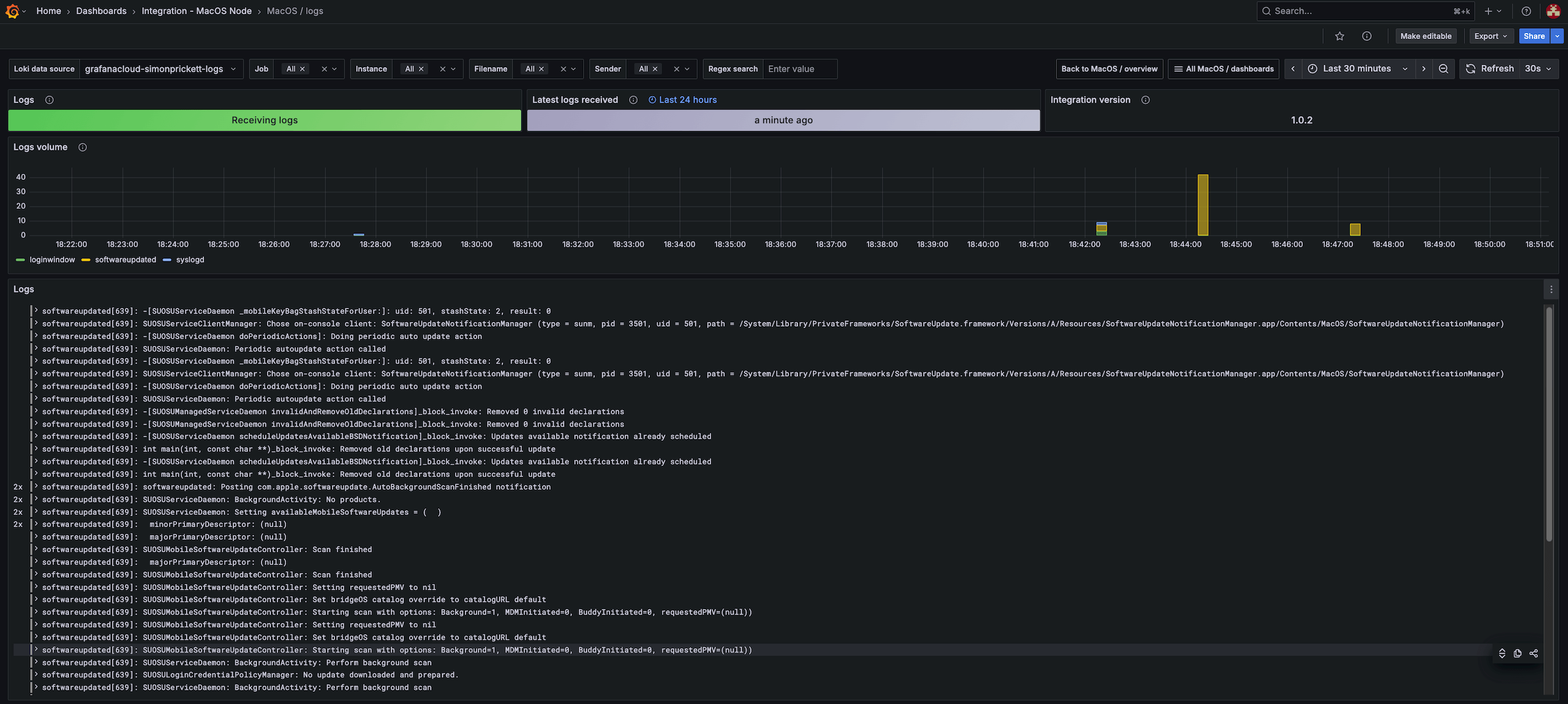 Example macOS node logs dashboard