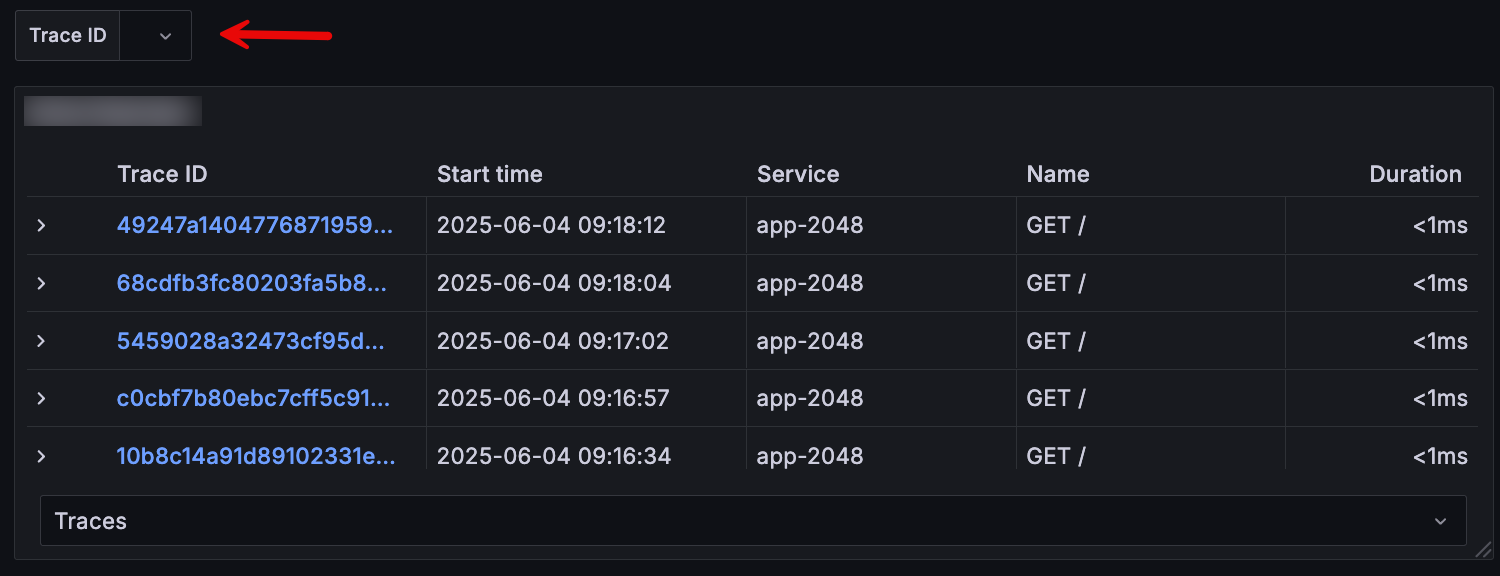 Image shows Trace ID field above the traces table panel