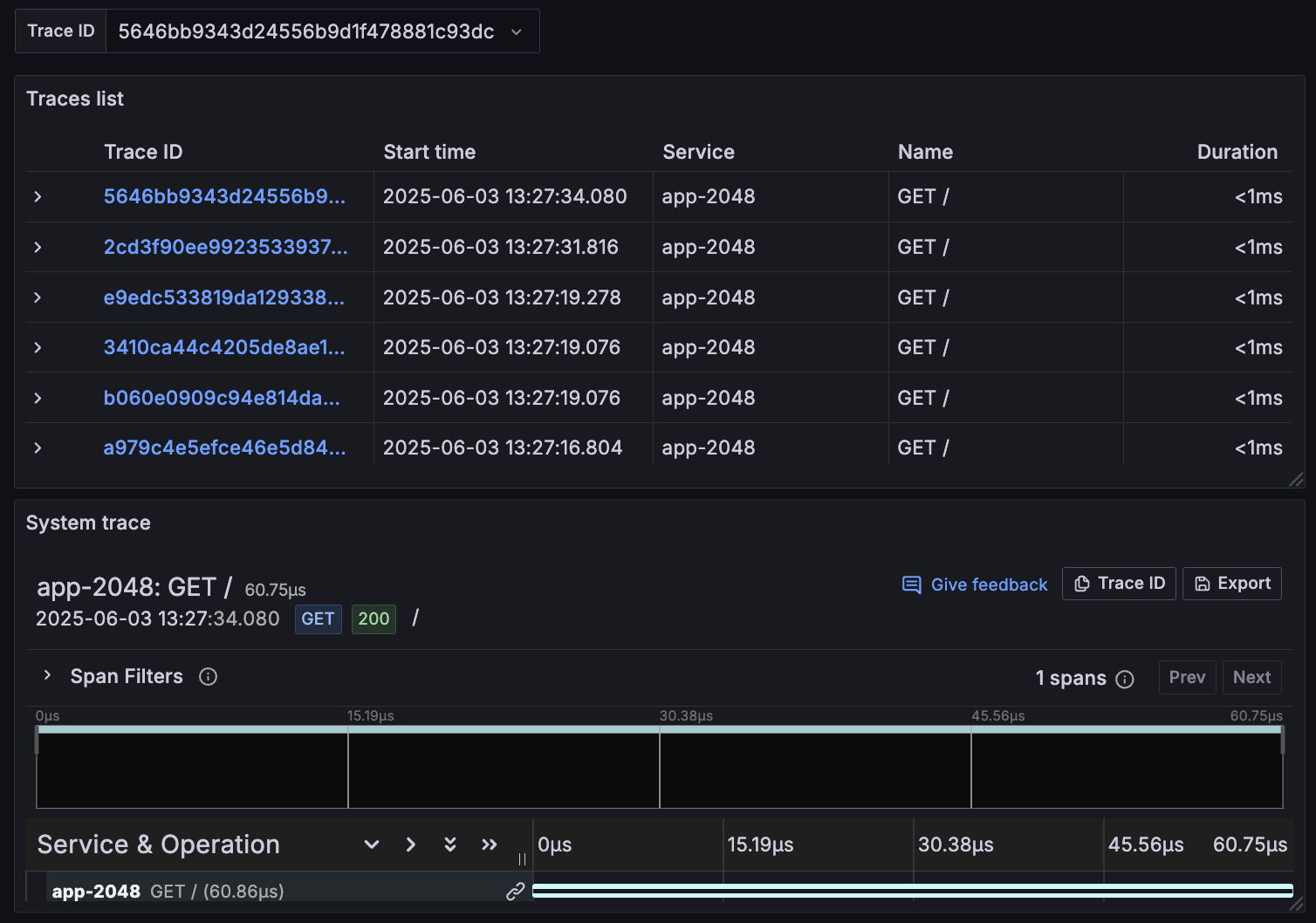 Image shows what a traces panel looks like when a Trace ID is passed to it