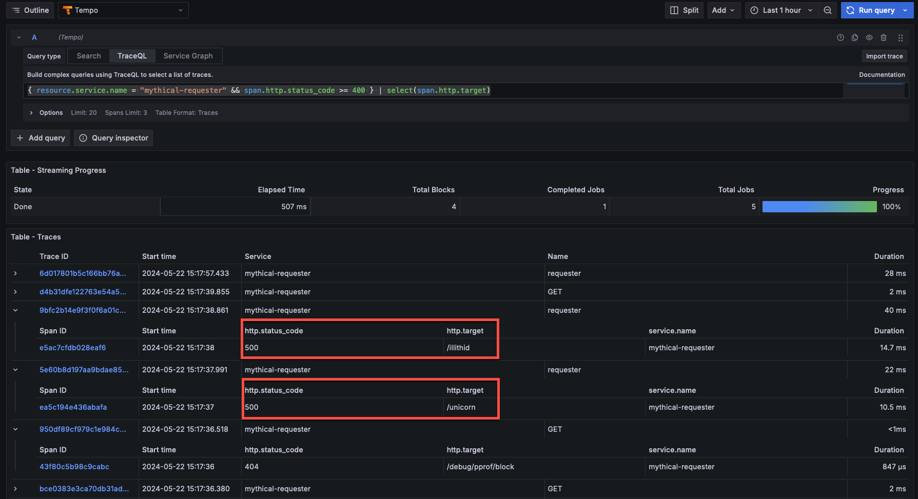Query results showing http.target attribute