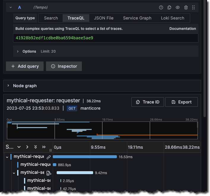 Search for a trace ID using the TraceQL query editor