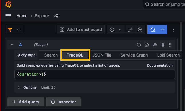 The TraceQL query editor