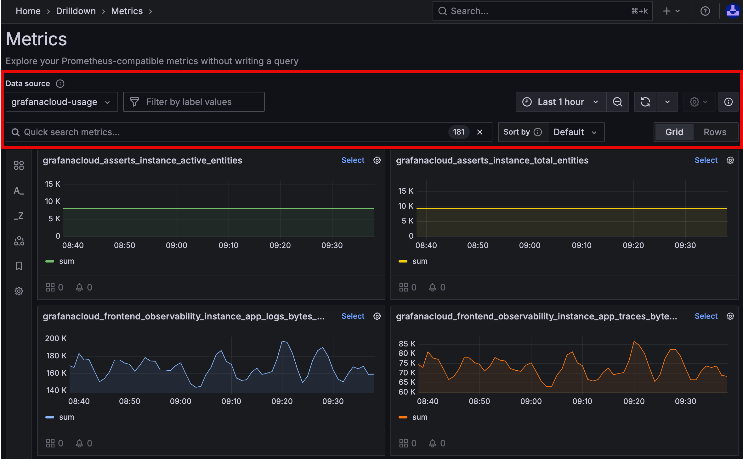 show metrics drilldown main page with filters highlighted