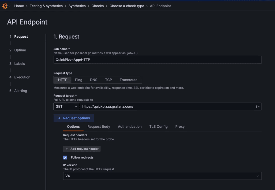 Interface of an API Endpoint setup screen in Grafana Cloud showing request details like type, URL, method (GET), and request options in a dark theme.