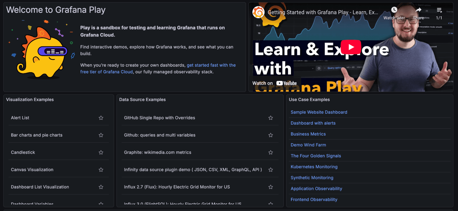 A screenshot of the old Grafana Play homepage, displaying a video thumbnail and lists of visualization, data sources, and use case examples.