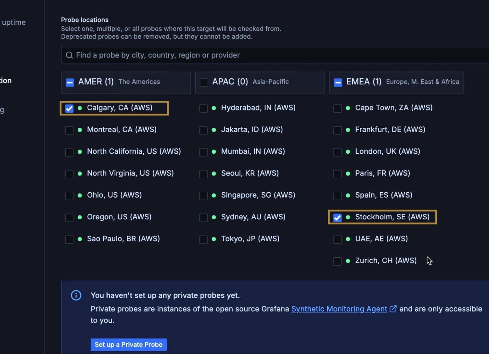 A Grafana Cloud interface showing selectable probe locations across regions including AMER, APAC, and EMEA.