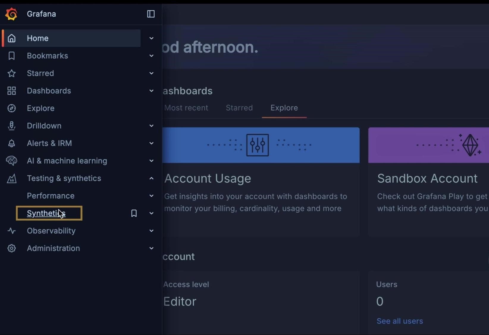 The Grafana Cloud UI showing a sidebar with menu options, including Synthetics.