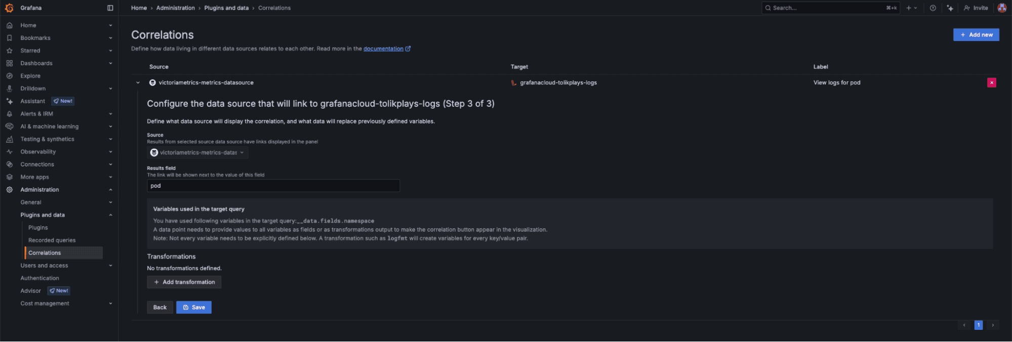 Screenshot of a Grafana interface showing a "Correlations" configuration page, with options for defining a data source and target.