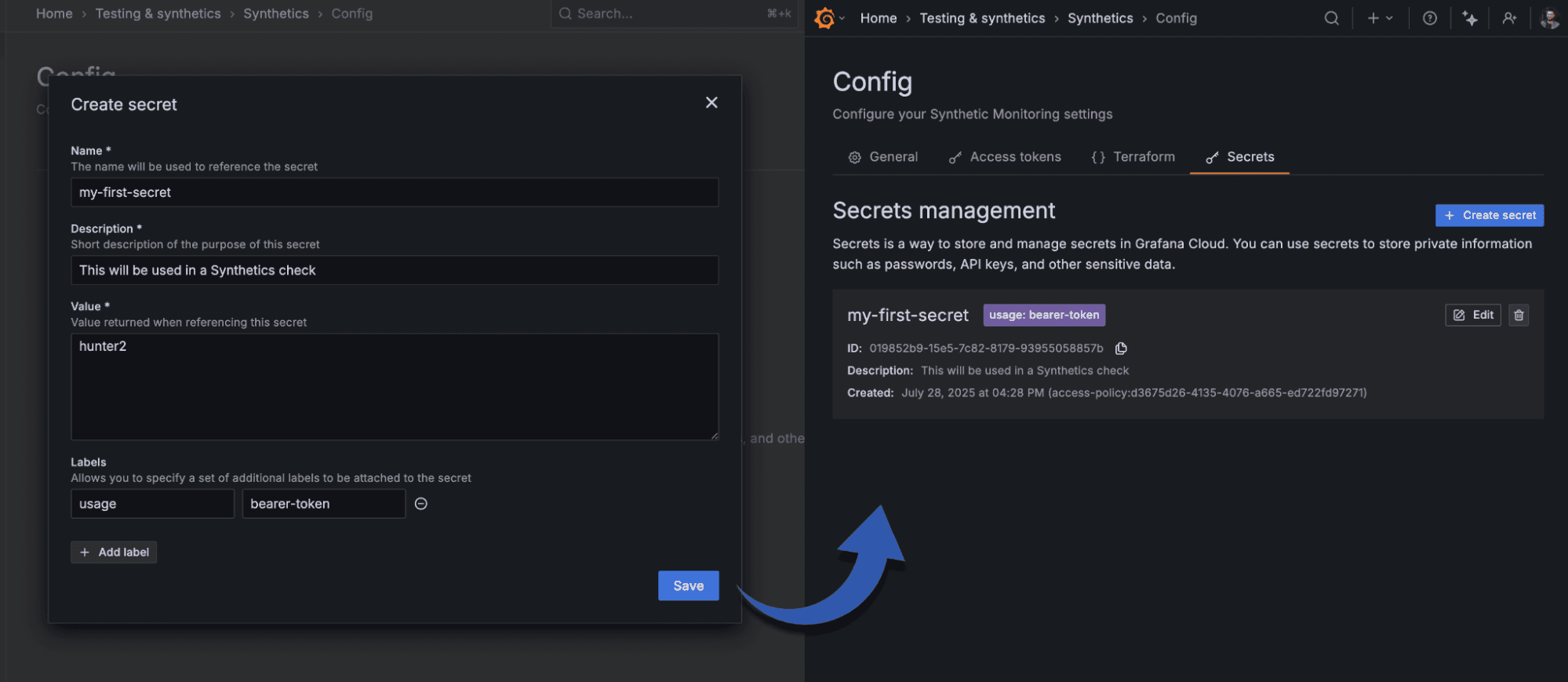 A screenshot of the Synthetic Monitoring UI, showing the "Create secret" dialog box on the left and a "Secrets management" section on the right.