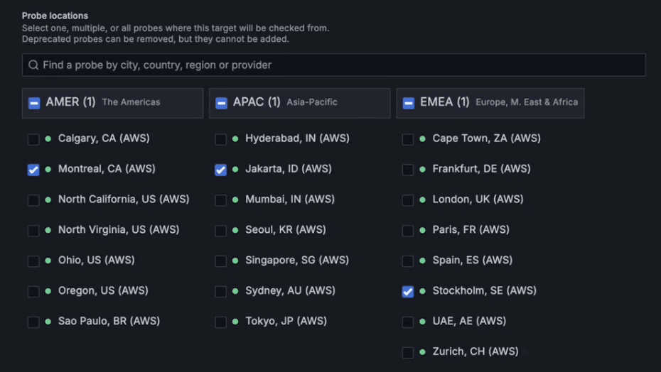 Map selection interface in Grafana Cloud showing cloud provider regions: Montreal, Jakarta, Stockholm selected. Regions divided by Americas, APAC, and EMEA.