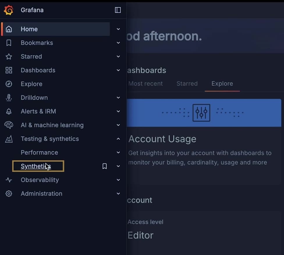 Grafana dashboard interface showing a sidebar menu with options like Home, Dashboards, Explore, and Synthetics highlighted in yellow.