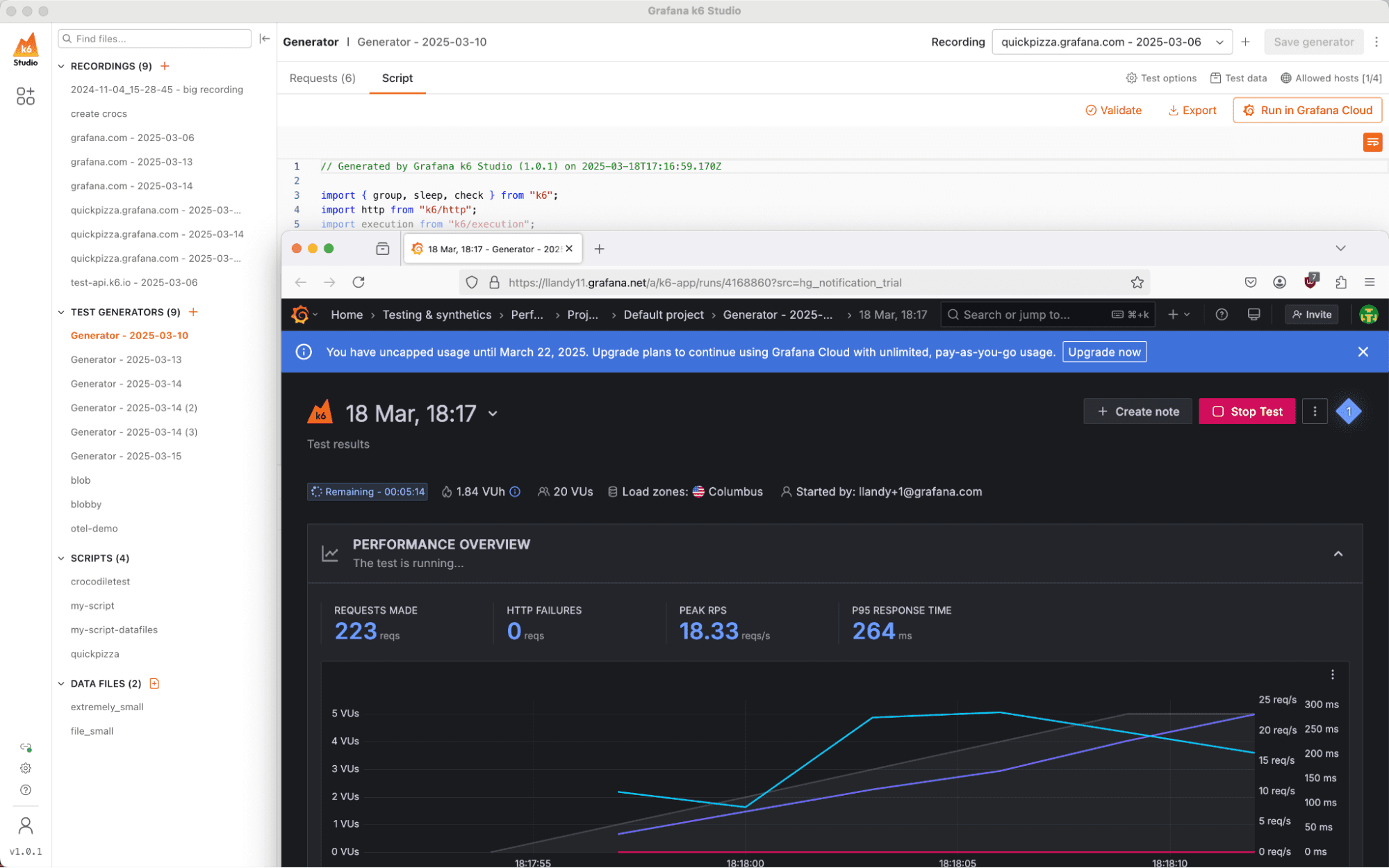 A screenshot of test results in Grafana Cloud k6.