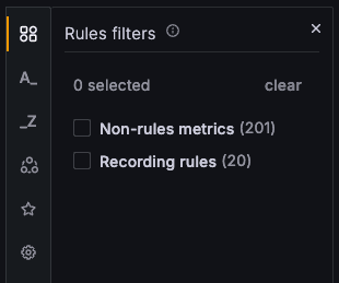 A screenshot of rules filters in Metrics Drilldown.