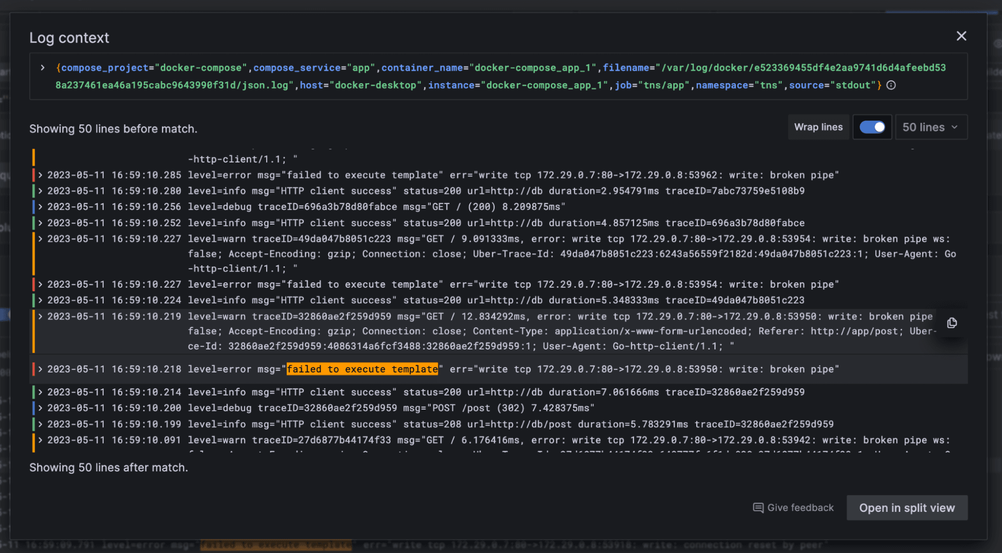 Screenshot of the new modal view of log context feature in Grafana 10.