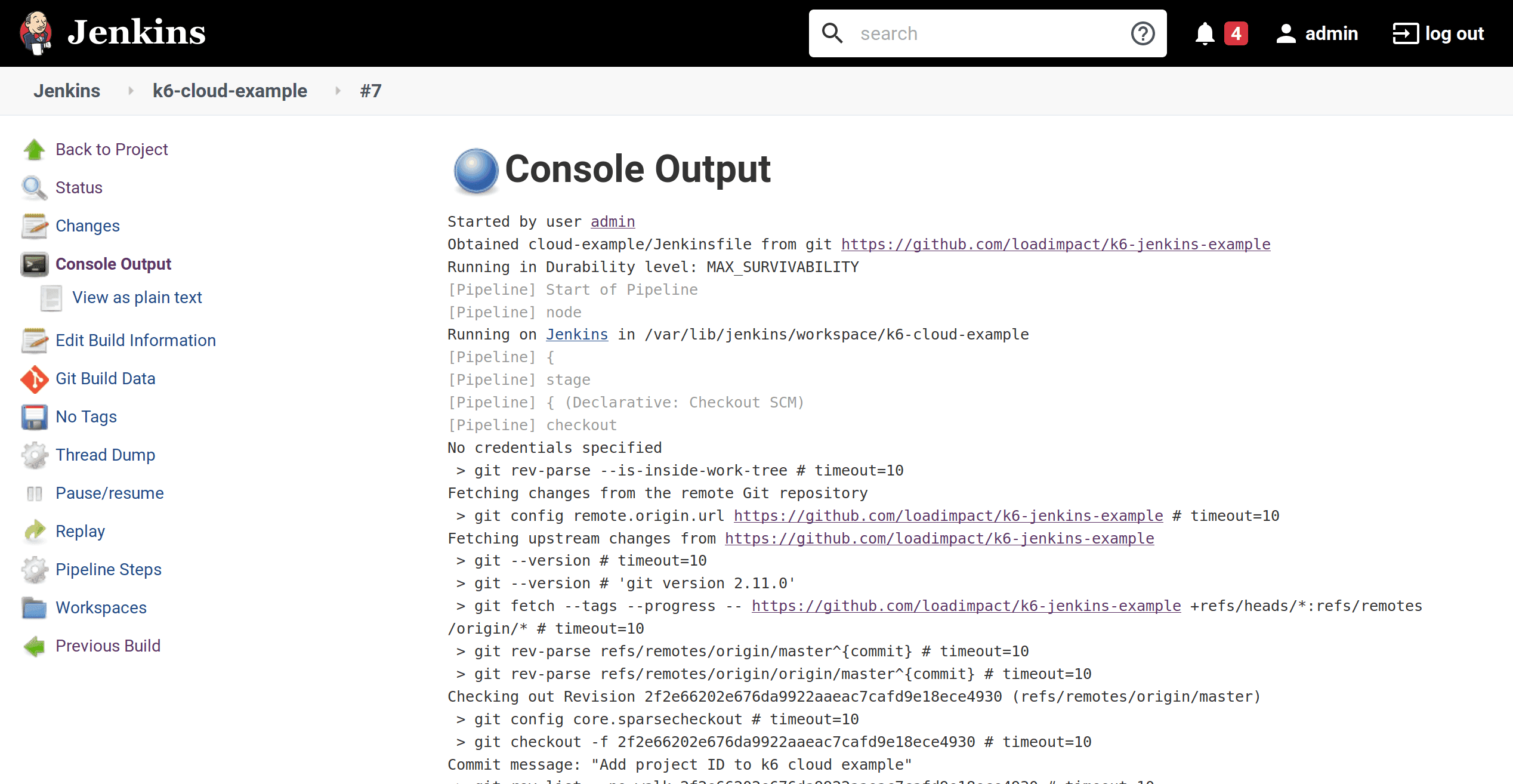 Jenkins output