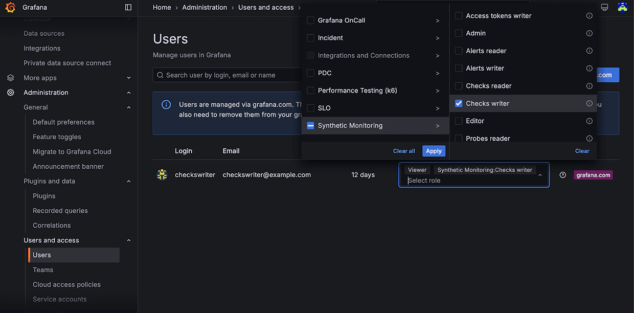 A screenshot of the RBAC functionality in Synthetic Monitoring.
