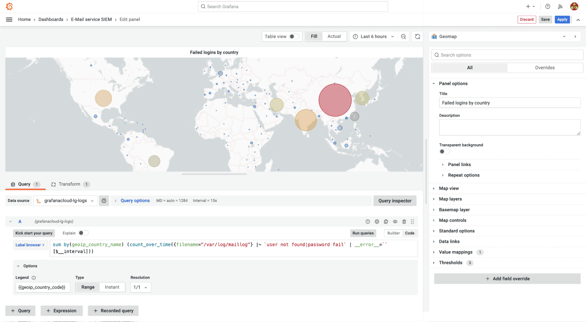 A Grafana dashboard displays geolocation data.