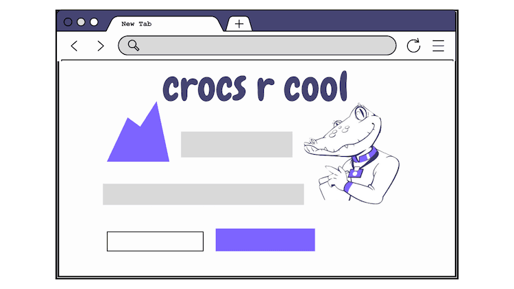 An illustration of a web browser shows a 'crocs r cool' page that displays page features that would be covered by frontend performance testing.