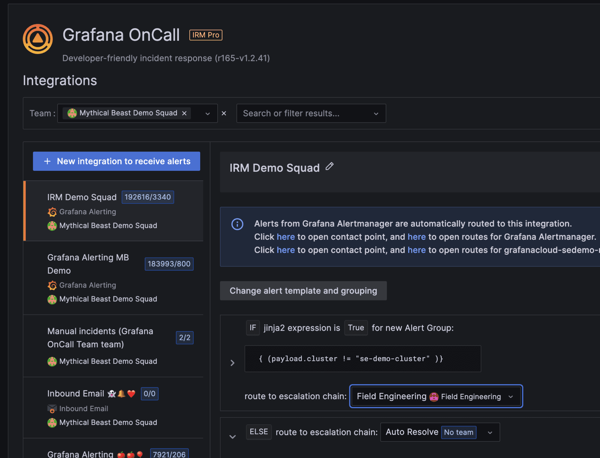 A screenshot shows the integrations that belong to the Mythical Beast Demo Squad team and how you can configure one of the integrations to route to an escalation chain that is in the Field Engineering team.