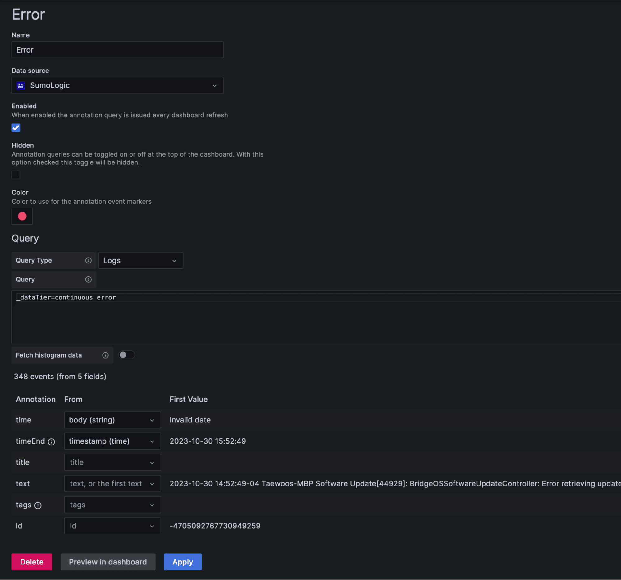 Grafana UI showing how to fetch error data from Sumo Logic