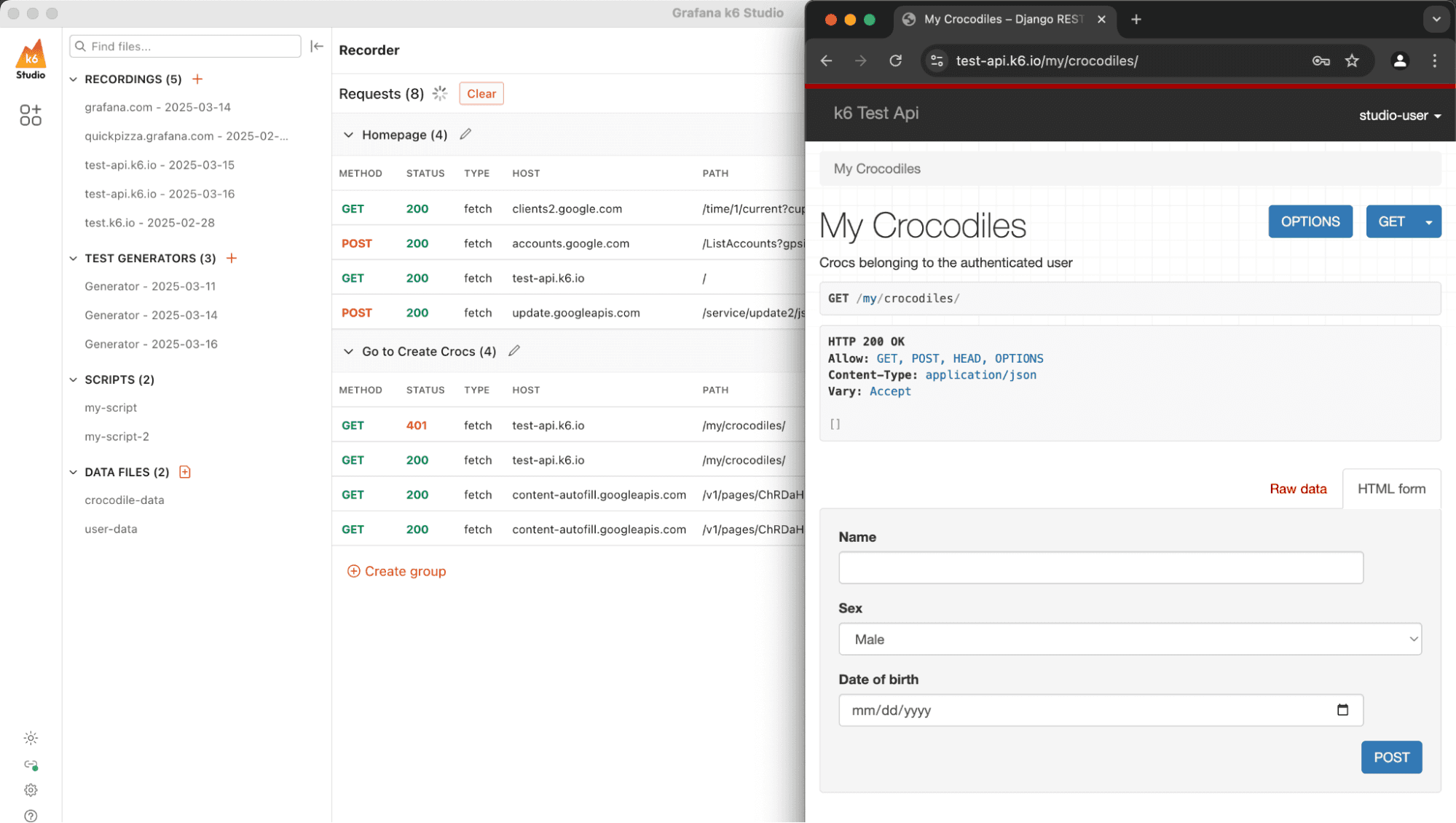 A screenshot showing the Recorder component in k6 Studio.