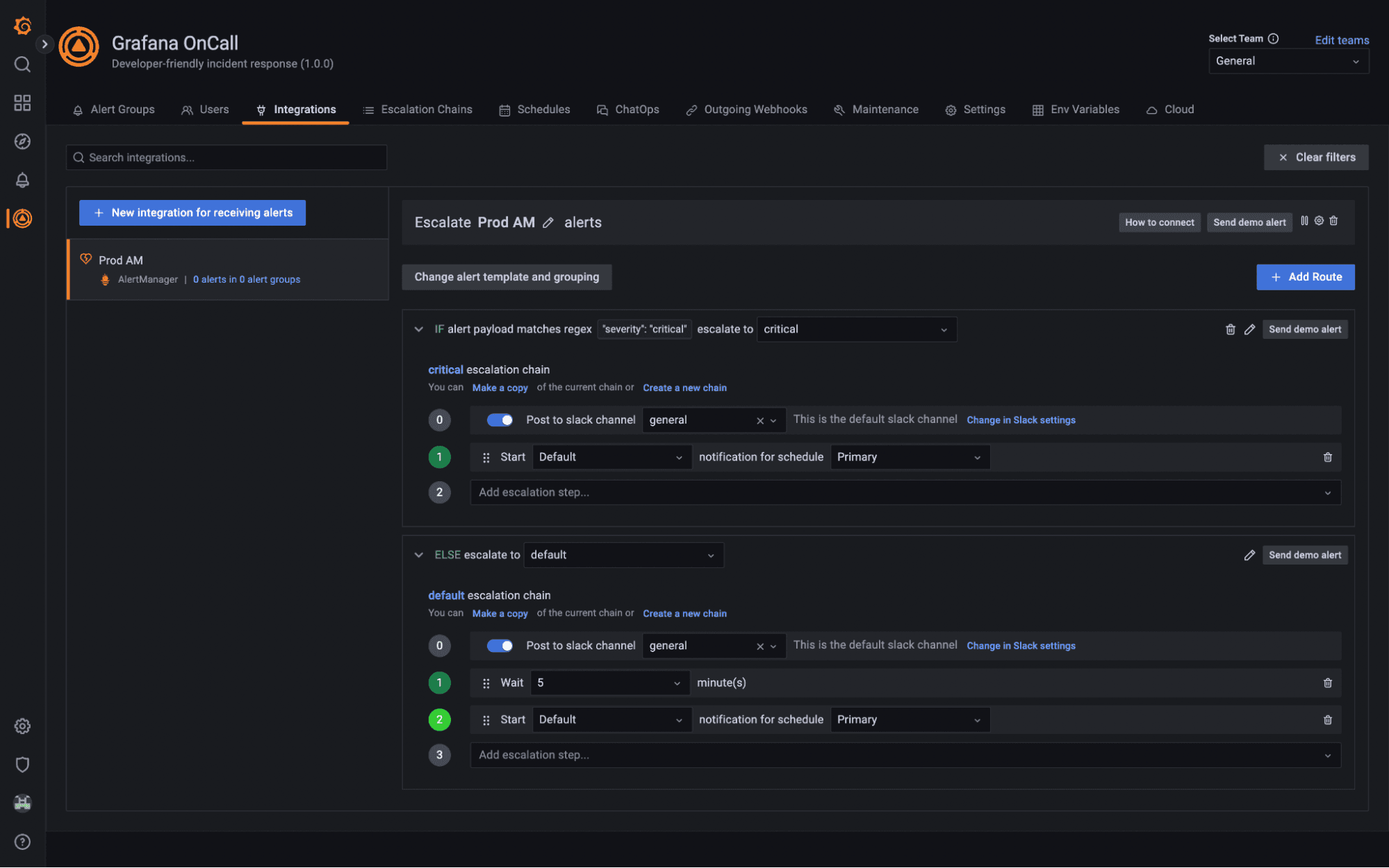 Screenshot of Grafana OnCall UI with route configured.
