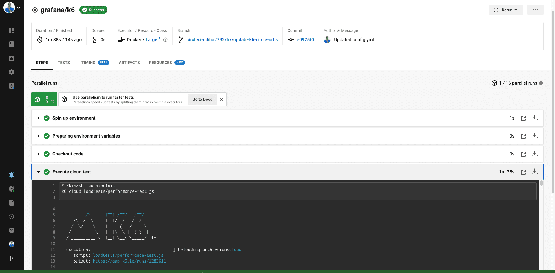 CircleCI job running a k6 cloud test.