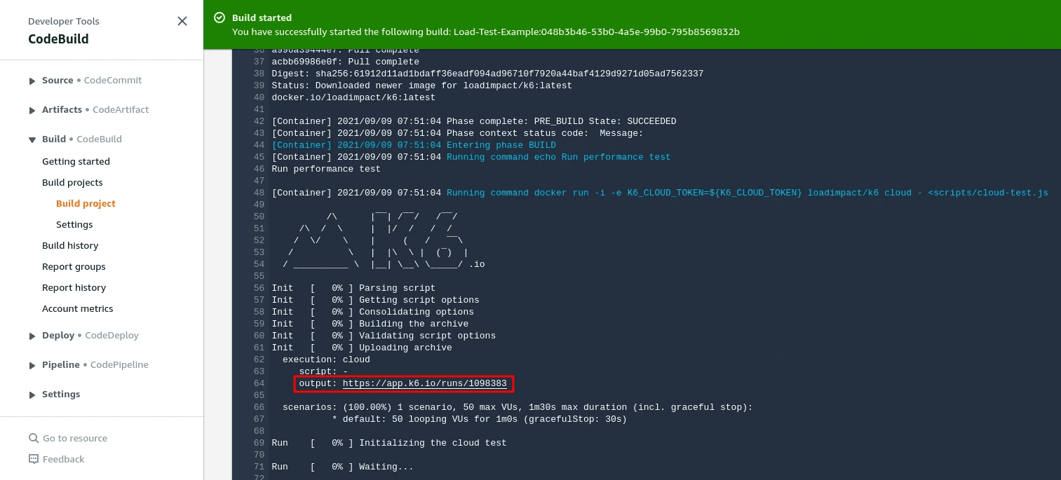 Code output in AWS CodeBuild with k6