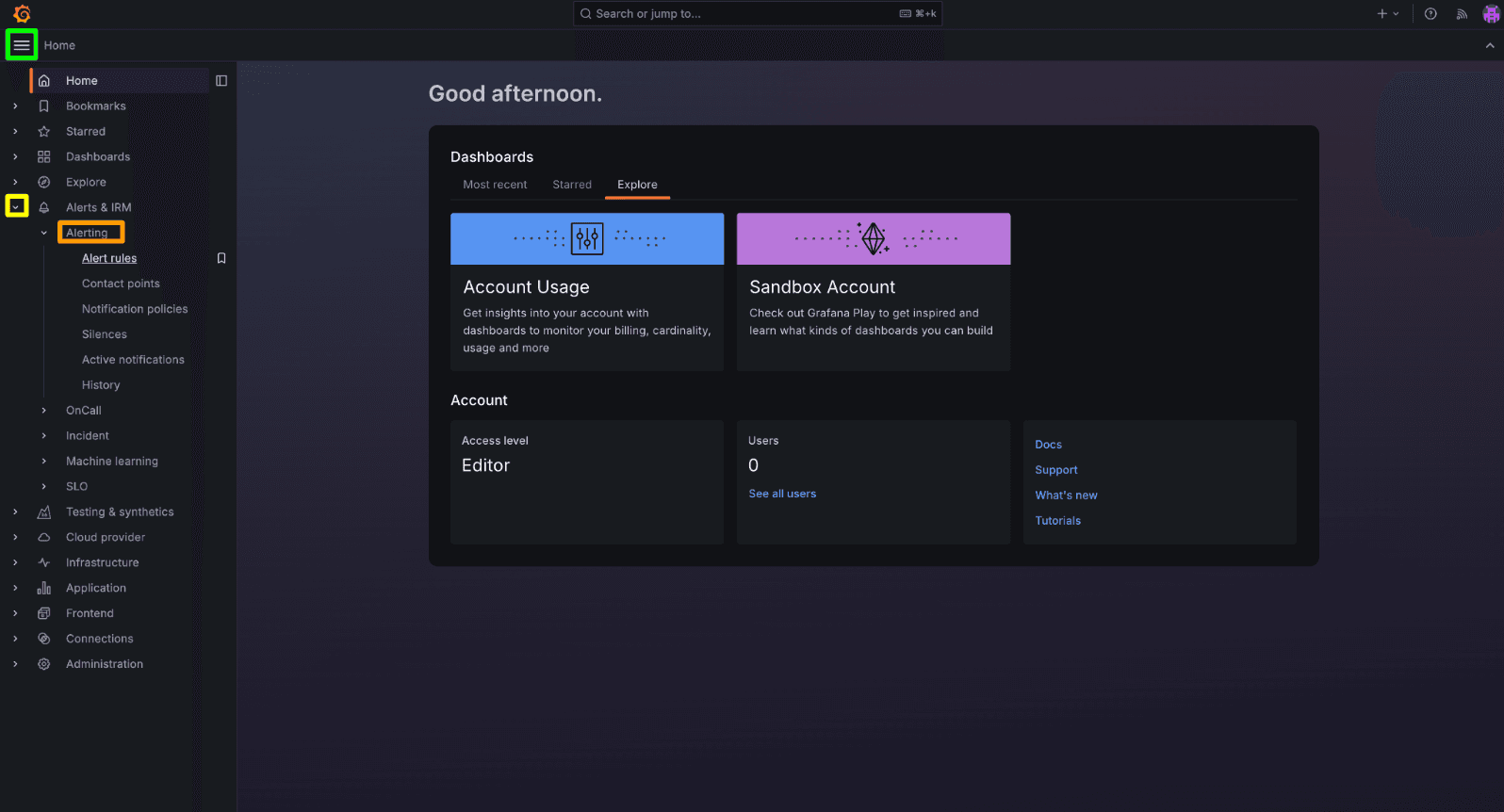 A screenshot showing how to access Grafana Alerting.