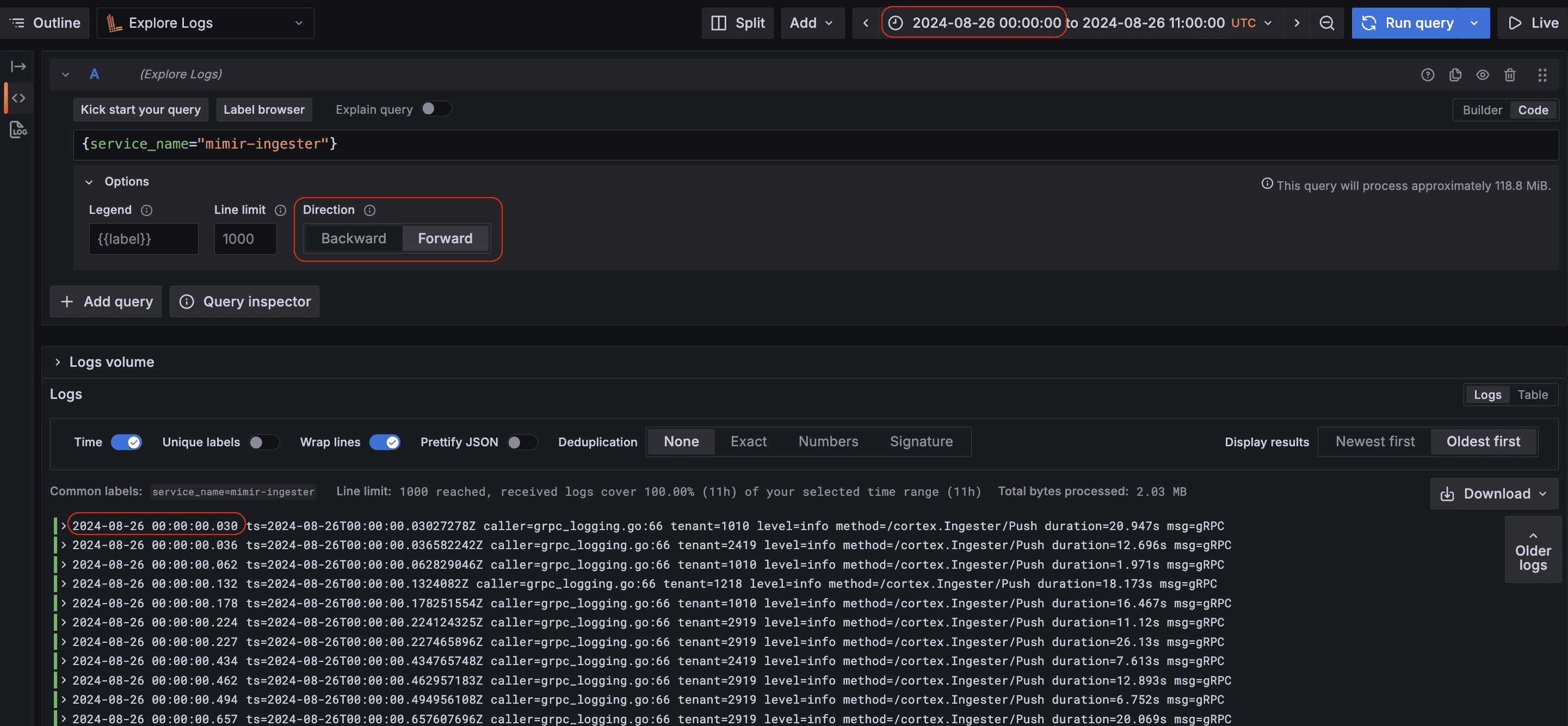 Explore logs with the Direction option selected