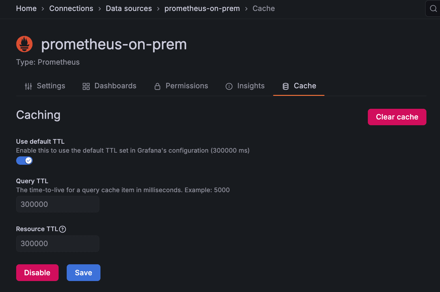 Grafana UI for Prometheus on-prem on the Cache tab