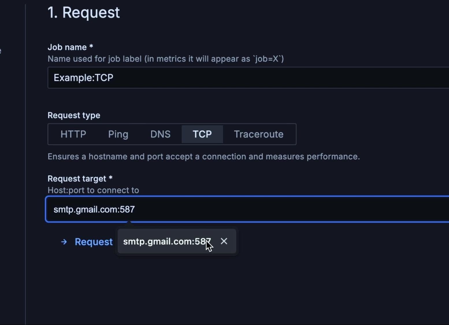 A Grafana Cloud interface displaying a request form for testing a TCP connection to smtp.gmail.com on port 587, with a "Request" button below.