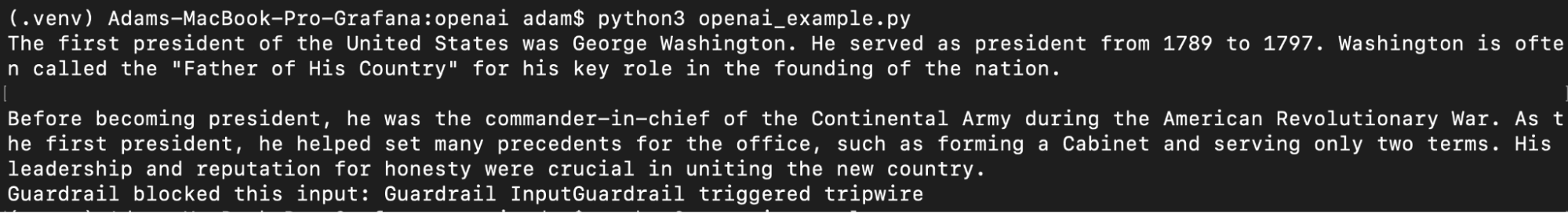 Black terminal window displaying code and text about George Washington, focusing on his presidency and leadership during the American Revolutionary War.