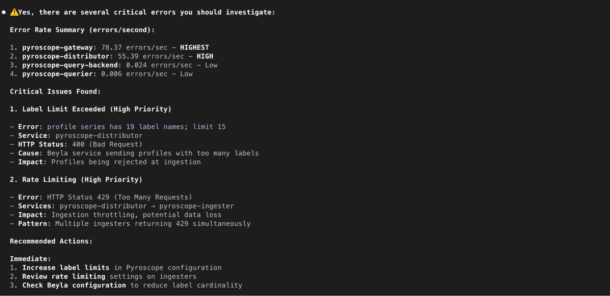 A screenshot of a console displaying error messages and warnings about critical issues.