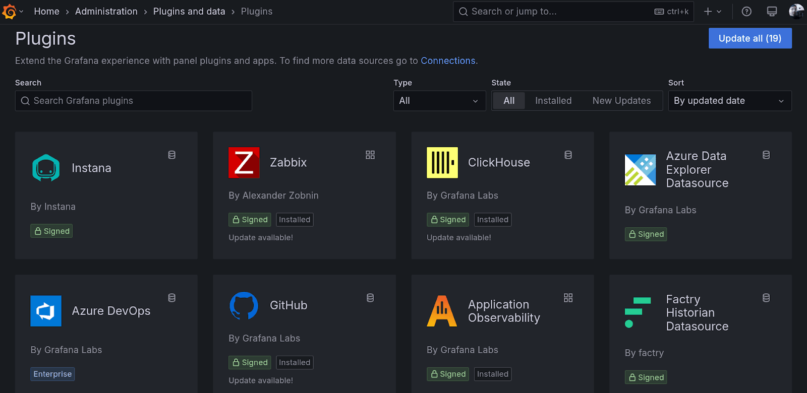 A screenshot of the plugin catalog within Grafana.