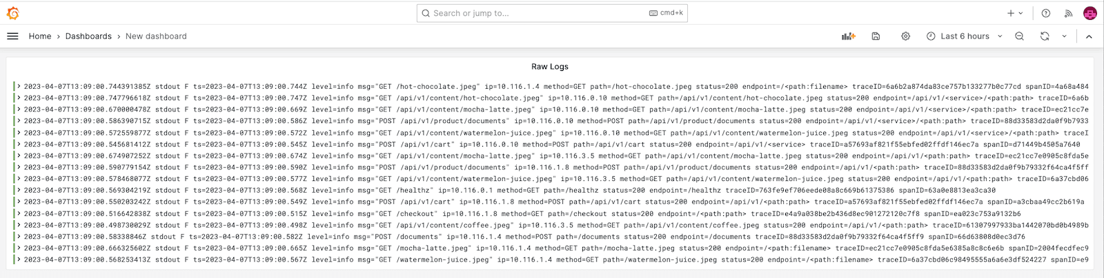 A screenshot of a window with a list of raw logs.