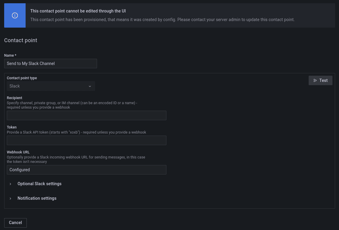 Screenshot of Terraform provisioned resource in Grafana Alerting UI for contact points.