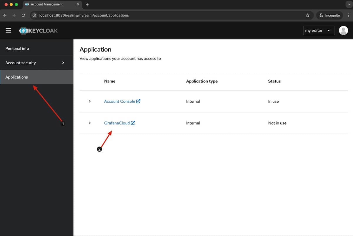 A screenshot of the Application window in Keycloak window with arrows at Applications and GrafanaCloud